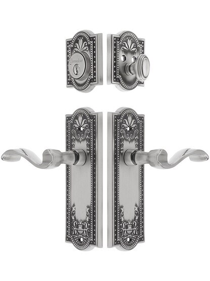 Grandeur Parthenon Entrance Door Set, Keyed Alike with Portofino Levers in Antique Pewter.